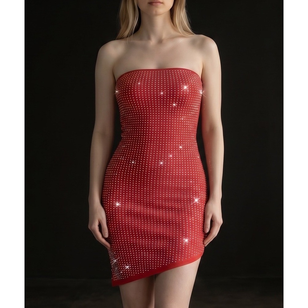 Y2k Asymmetrical Retro Tube Top Body Con Dress Studded Red Silver Party Sz Large